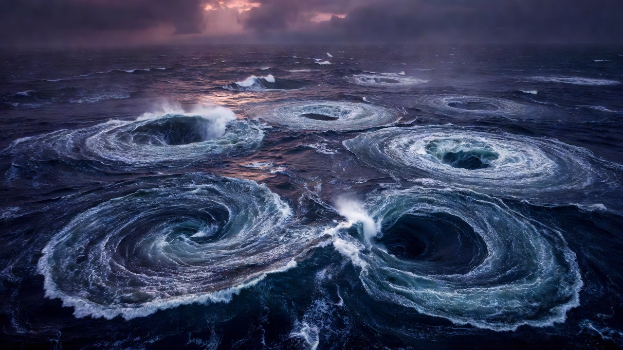 Turbulent tidal boils and circular vortices in Saltstraumen strait under moody purple twilight sky