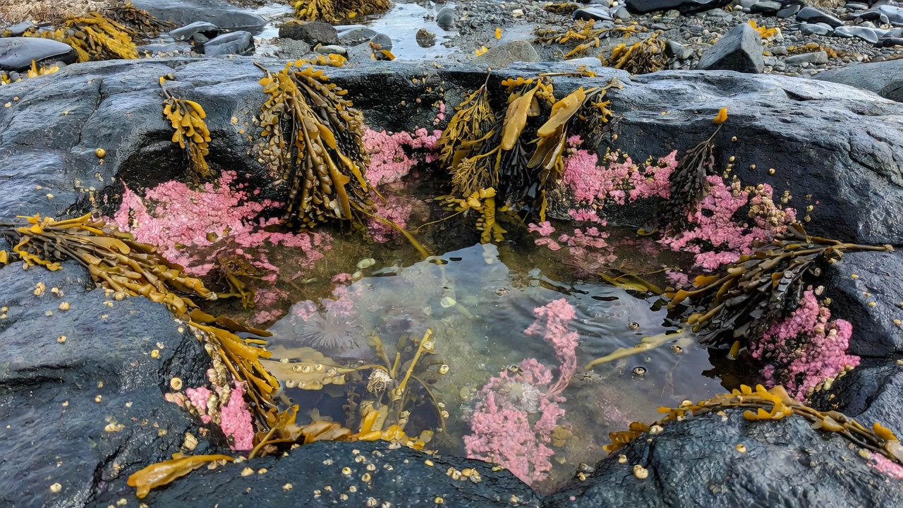 Dark granite intertidal rock pool lined with golden-brown Fucus wrack and pink coralline algae at low tide