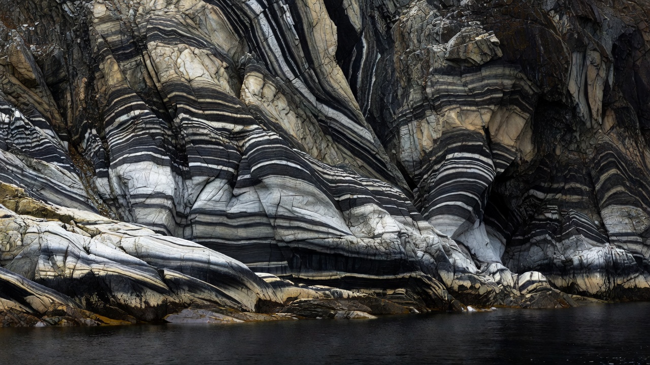 Close-up of steeply dipping Caledonian migmatite and gneiss bands plunging into dark fjord water at low tide